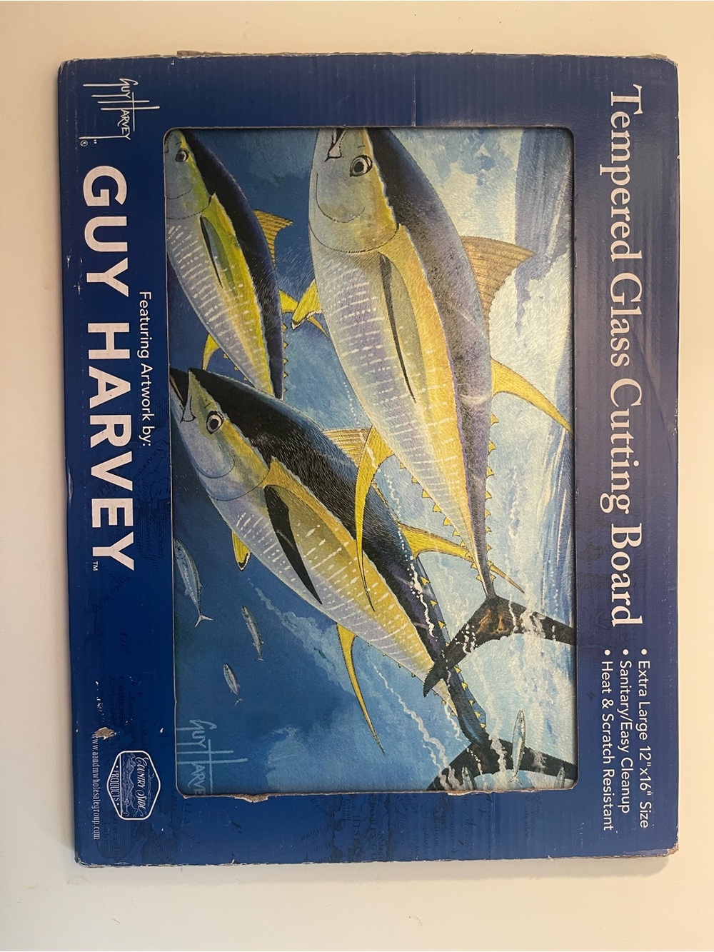 Guy Harvey Blue Tempered Glass Cutting Board Packaging